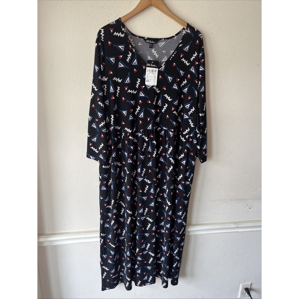 Ulla Popken 24/26 Black Geometric Print 3/4 Sleeve Maxi Dress modest Flowy New